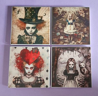 Handmade Dark Alice in Wonderland Ceramic Coasters x 4 by Emlems Giftware
