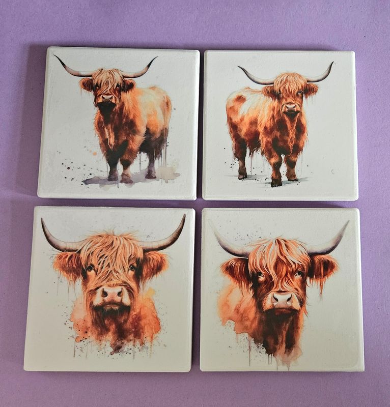 Handmade Highland Cow Portraits Ceramic Coasters x 4 by Emlems Giftware