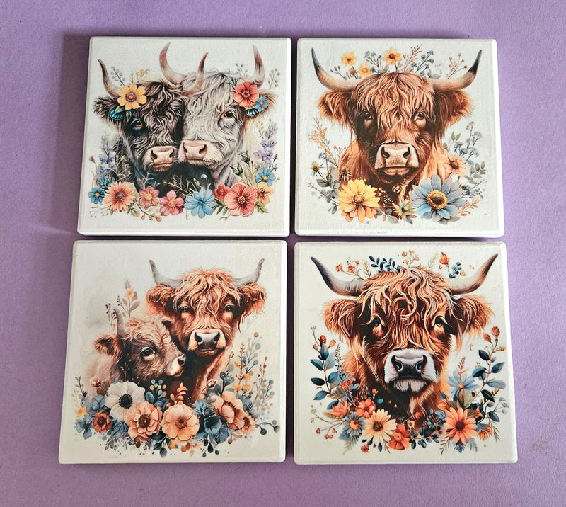 Handmade Highland Cow Ceramic Coasters x 4 by Emlems Giftware