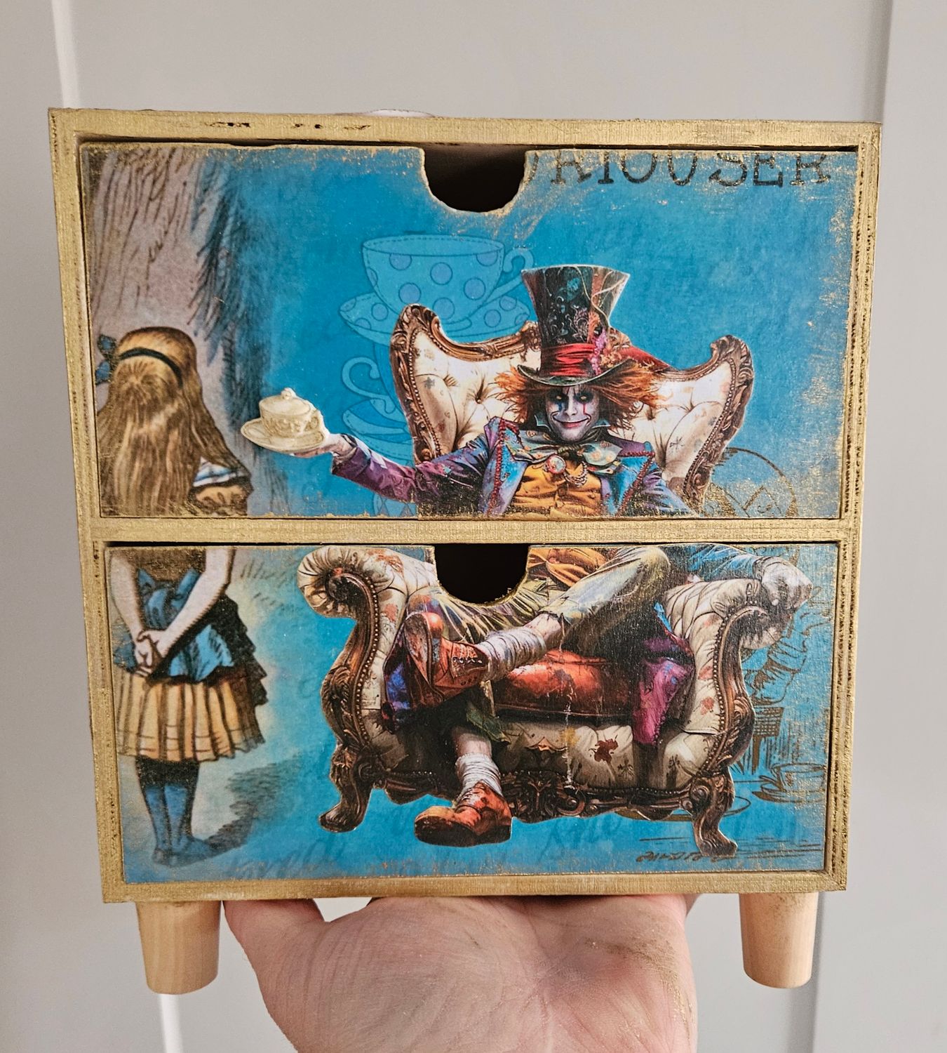 Emlems Handmade Alice in Wonderland Mad Hatter Wooden Set of Small Drawers