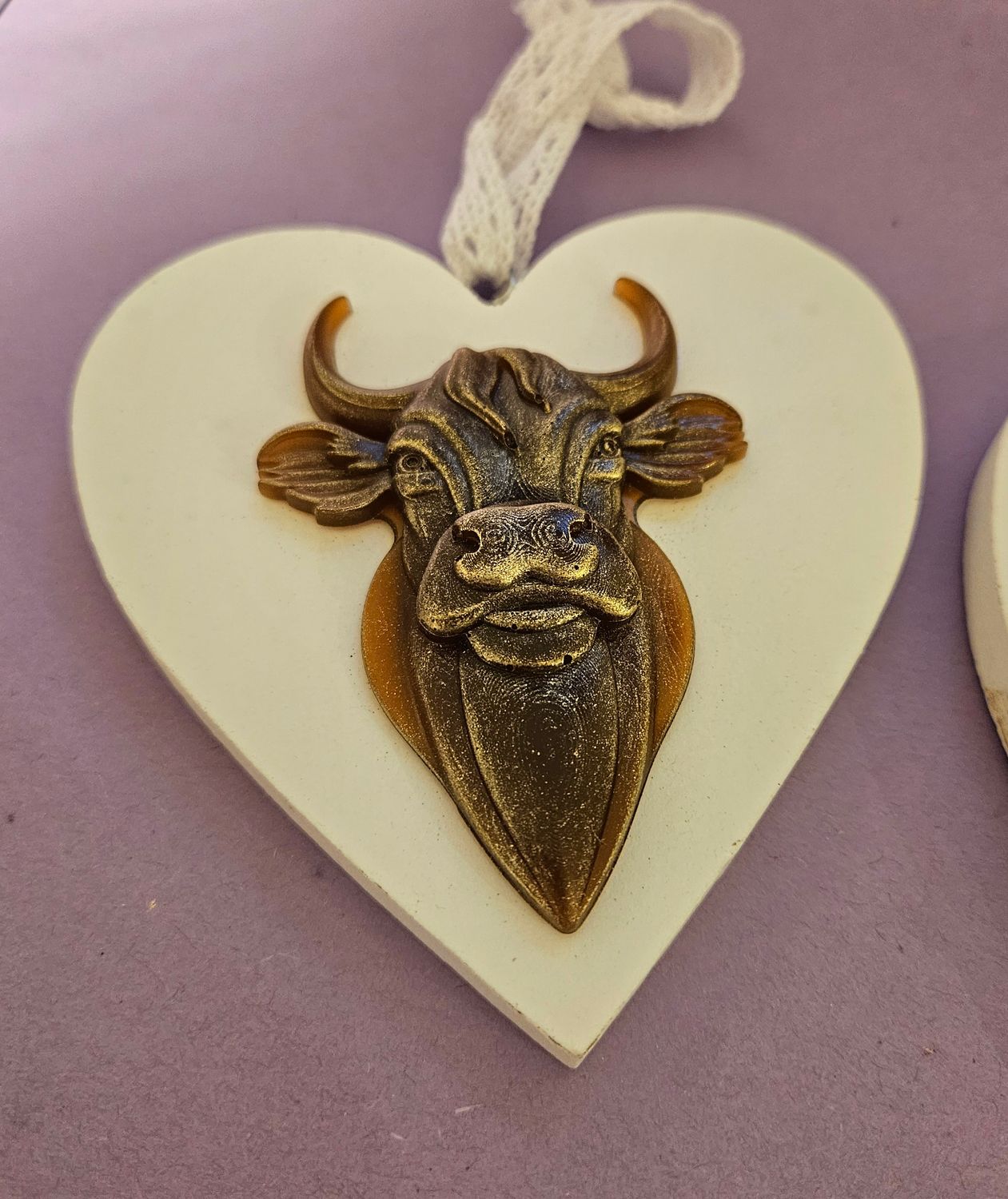 Emlems Farm Bull on White Wooden Heart