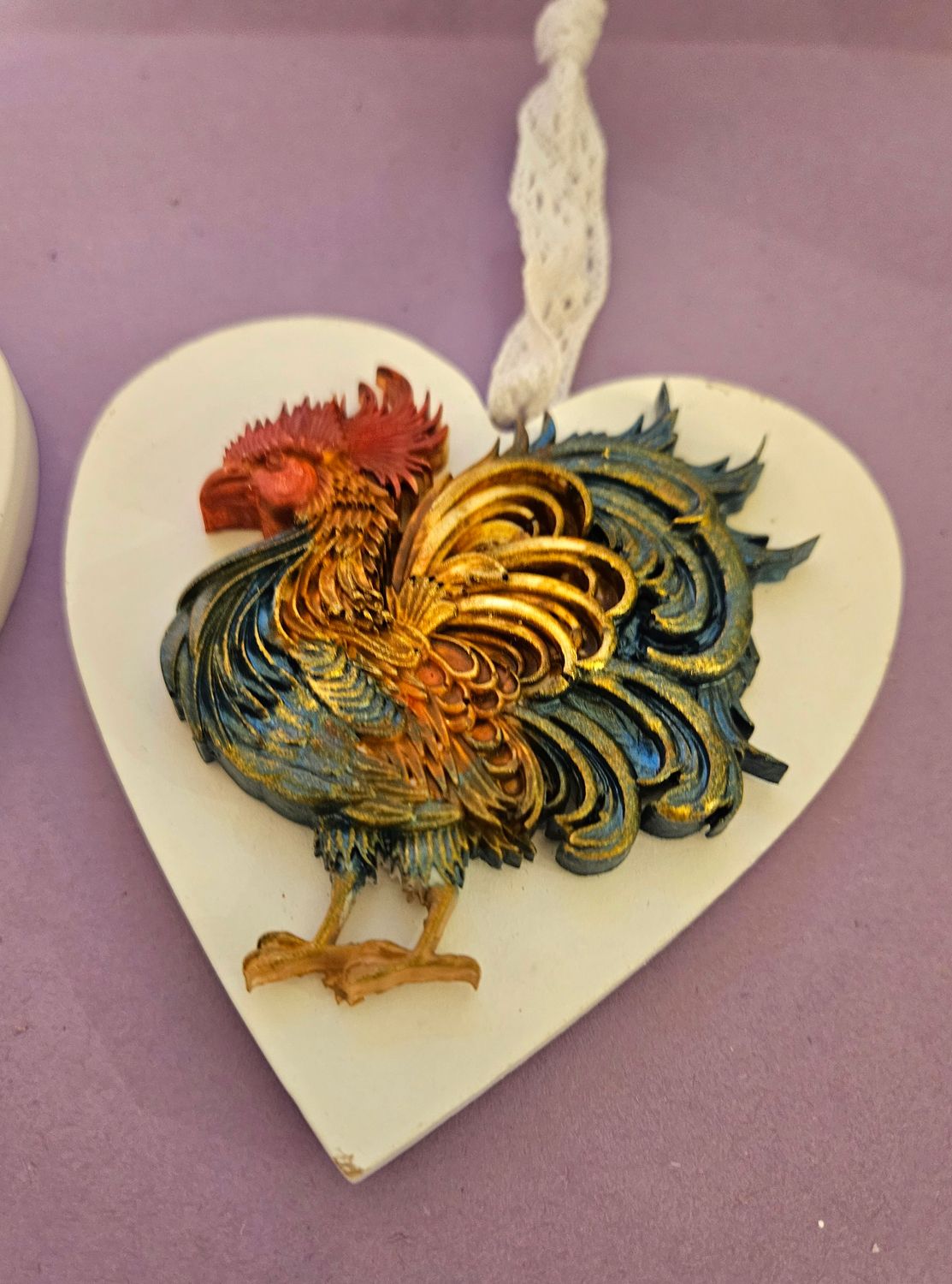Emlems Farm Rooster on White Wooden Heart