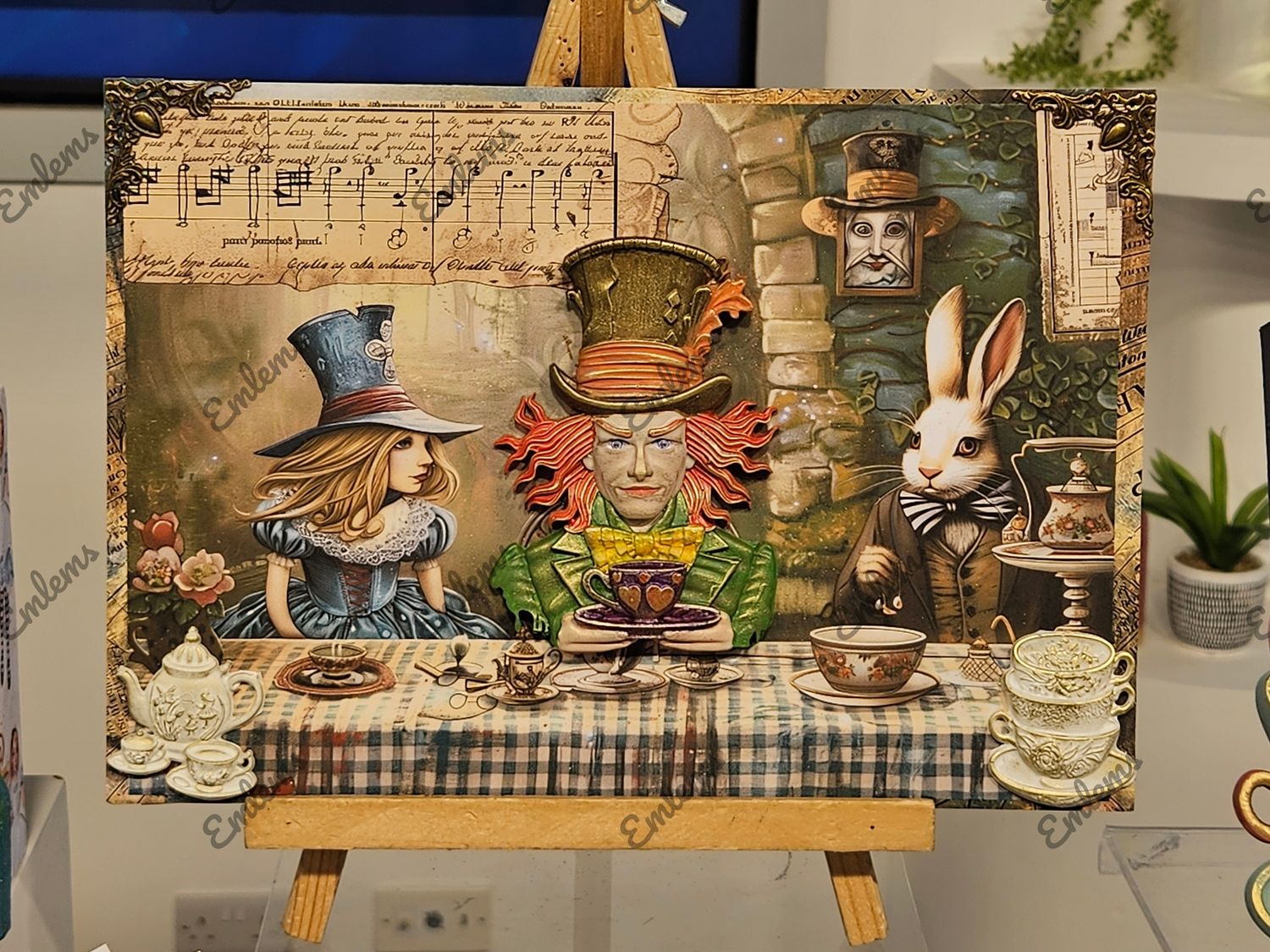 Emlems Handmade Hand painted Alice in Wonderland Mad Hatter wall art.