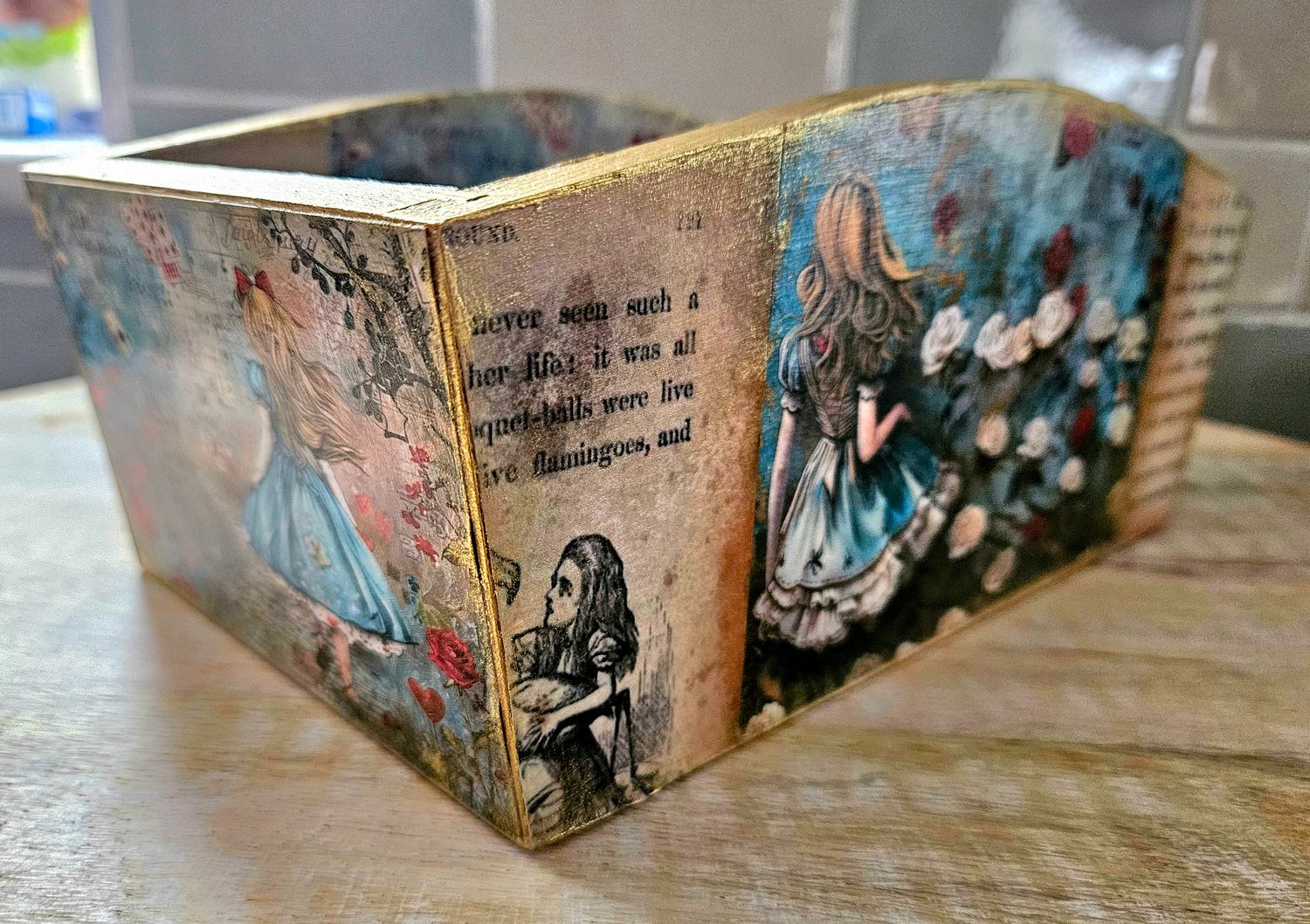 Handmade Alice in Wonderland Wooden  Decorative storage box / Condiment holder by Emlems Giftware