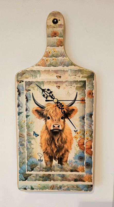 Handmade Highland Cow Solid Wooden Decorative Chopping Board Clock by Emlems Giftware