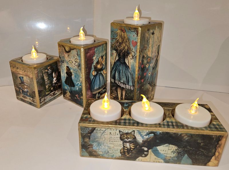 Handmade Alice In Wonderland Solid Wooden Decoupaged T-Light Holder Set by Emlems Giftware