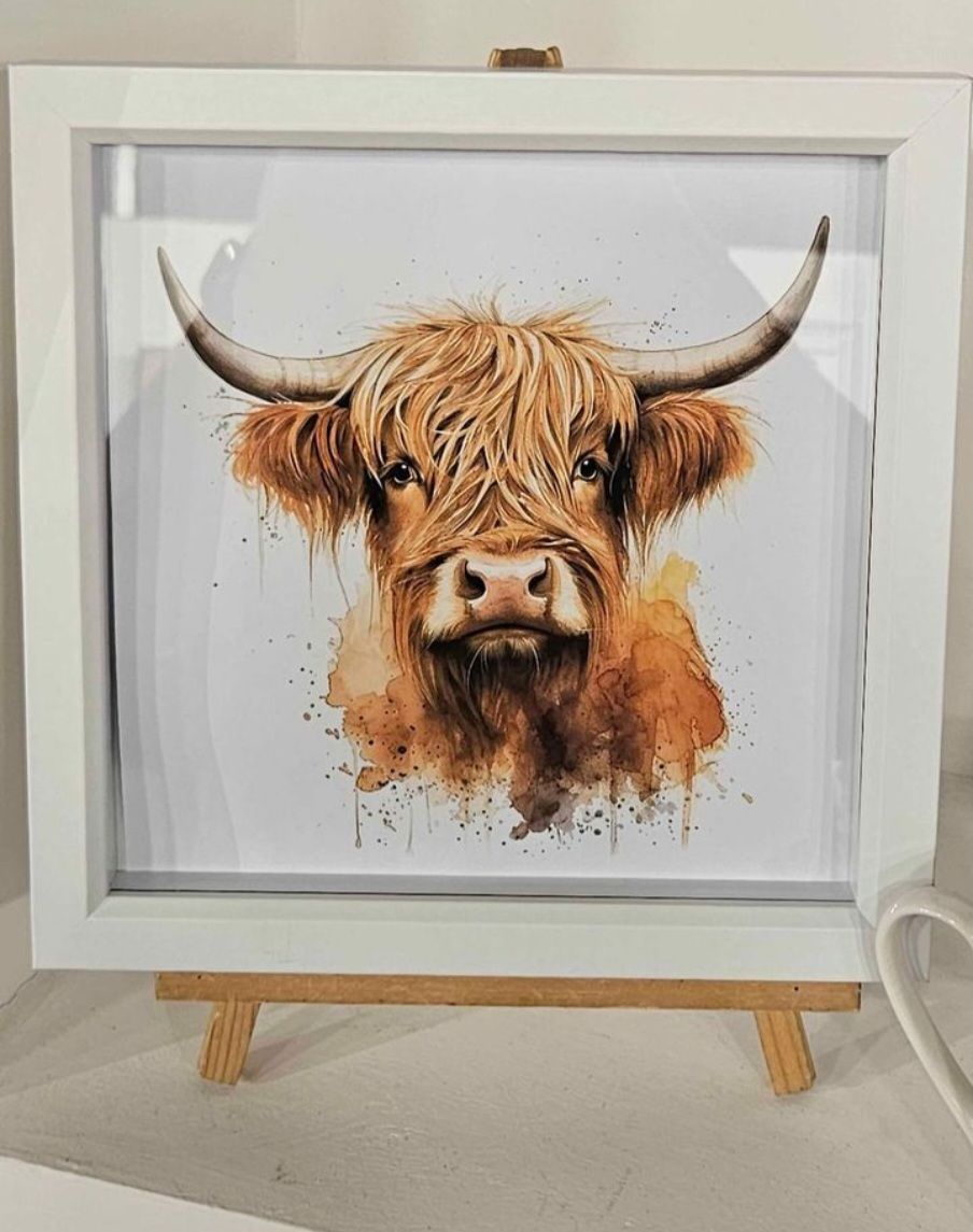 Handmade Highland Cow Box Framed Portrait Print by Emlems Giftware