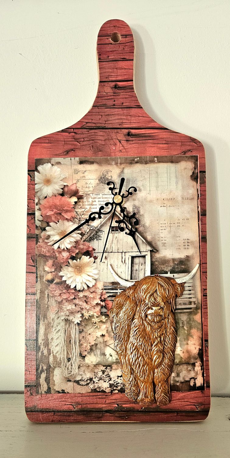 Handmade Country Farm Highland Cow Solid Wooden Decorative Chopping Board Clock by Emlems Giftware
