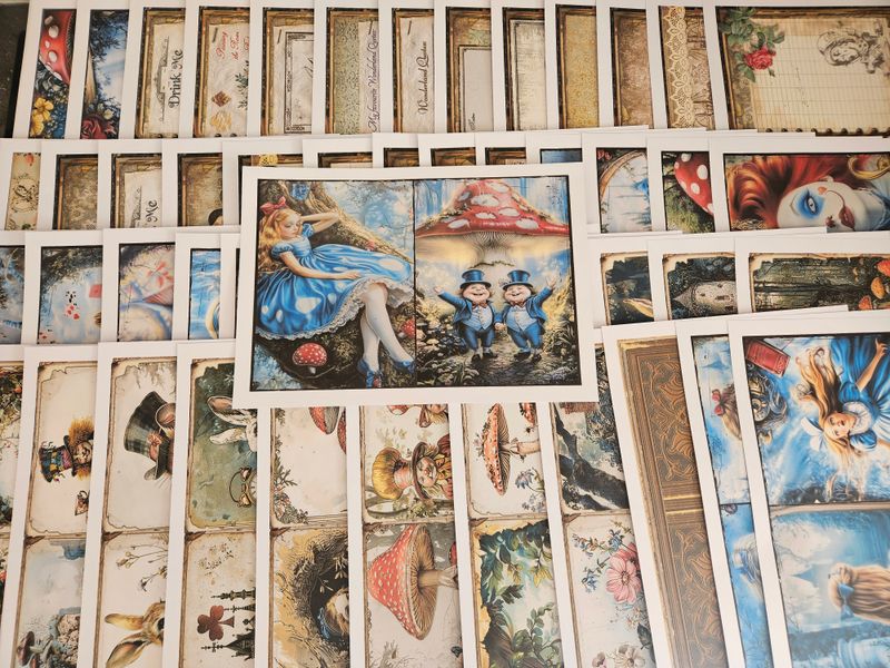 BRAND NEW Emlems 50 x A4 Alice in Wonderland Storybook Craft Papers 160gsm