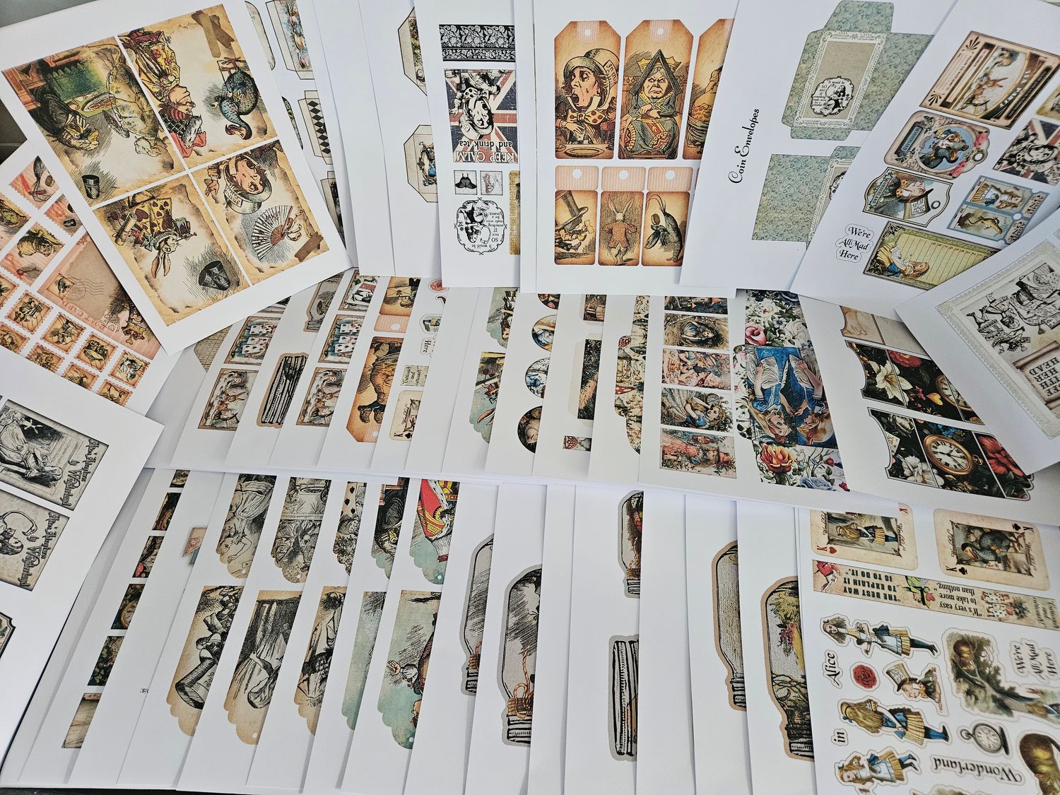 BRAND NEW Emlems 50 x A4 Alice in Wonderland Ephemera Craft Papers 160gsm