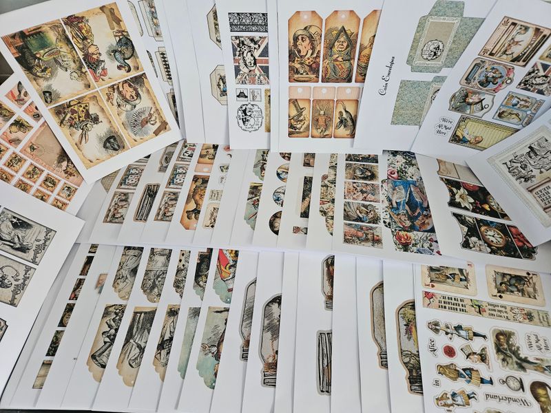 BRAND NEW Emlems 50 x A4 Alice in Wonderland Ephemera Craft Papers 160gsm