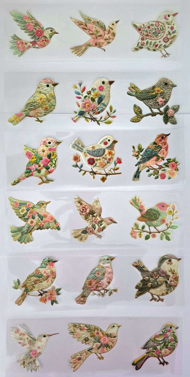 EMLEMS EMBROIDERED BIRDS UV DTF TRANSFERS X 18