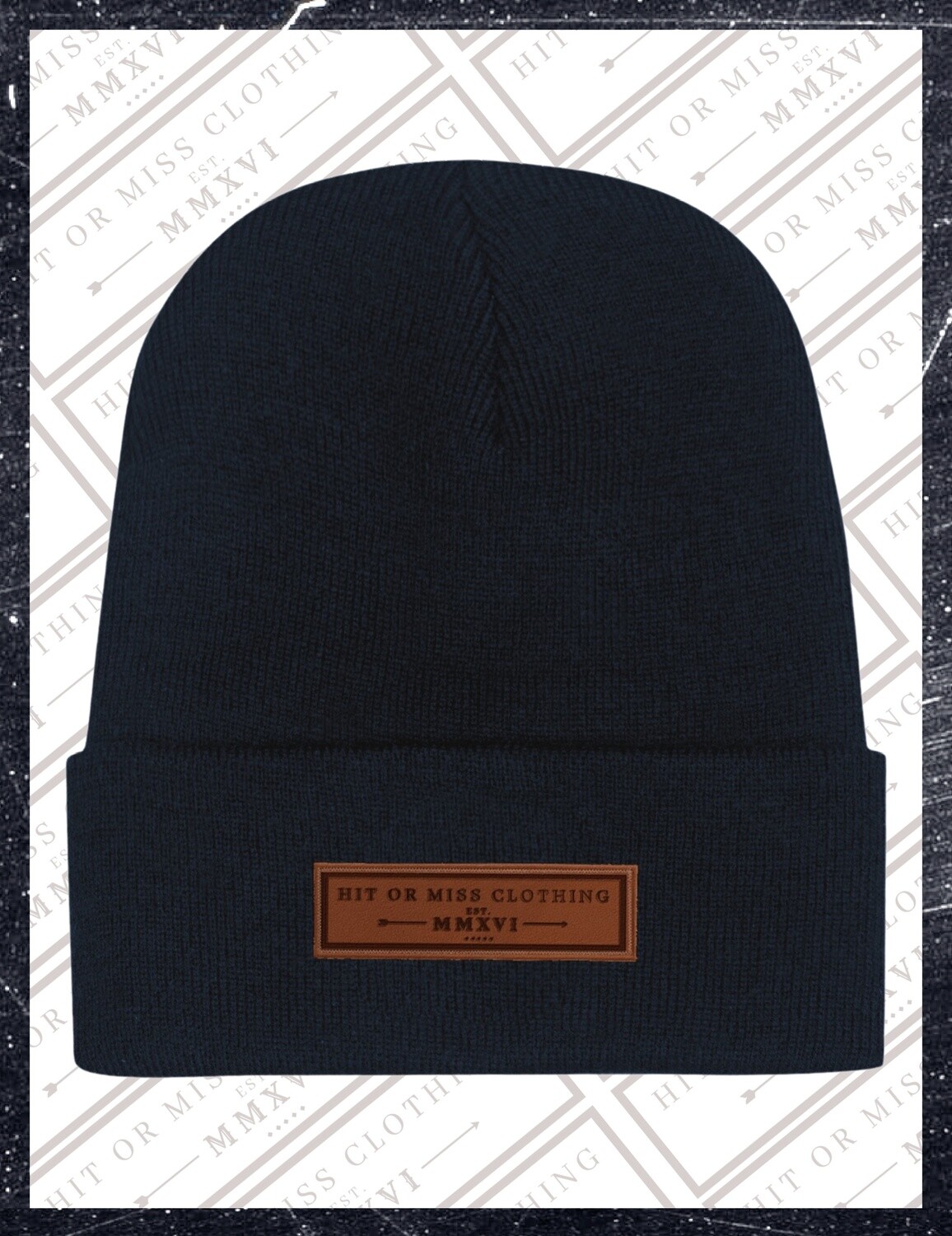Leather Patch Beanie - Navy Blue