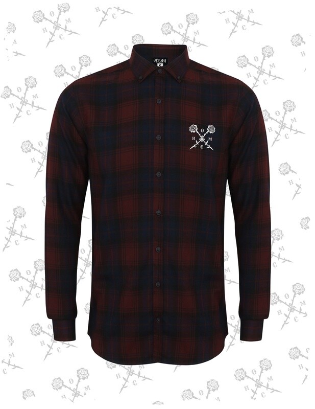 Crossed Roses Logo Slim Fit Flannel Shirt - Burgundy Check