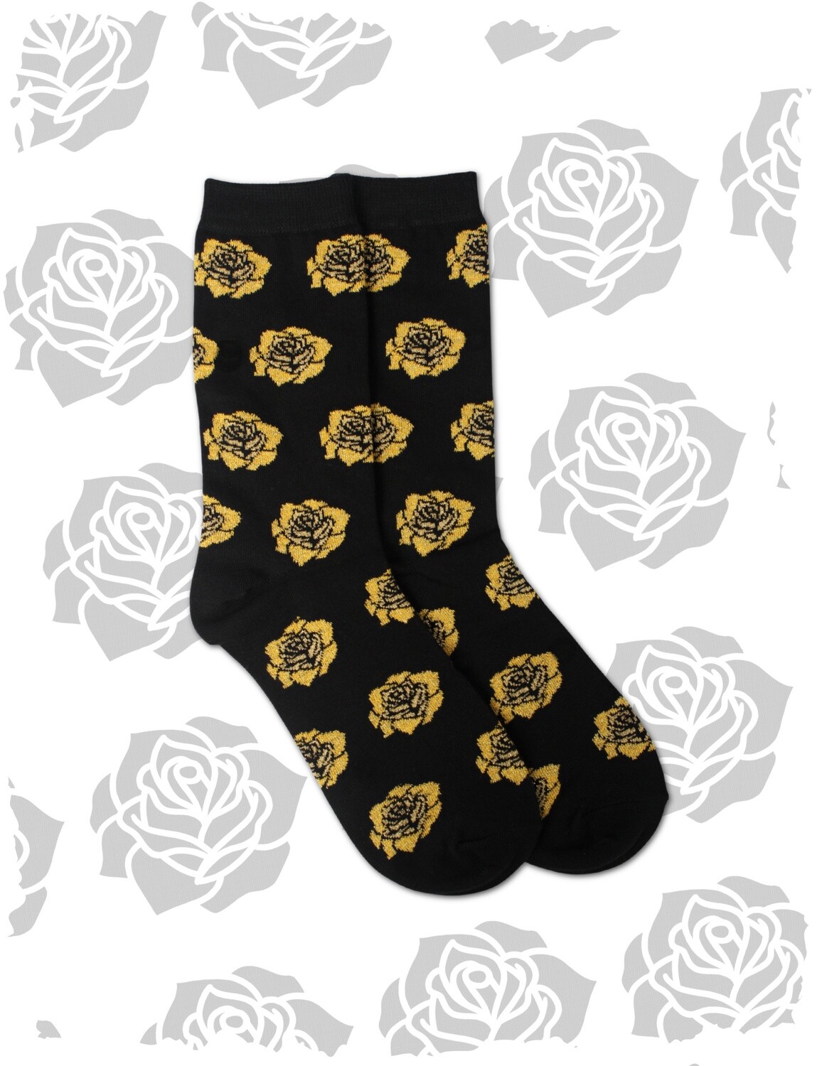 Golden Roses Pattern Socks - Black