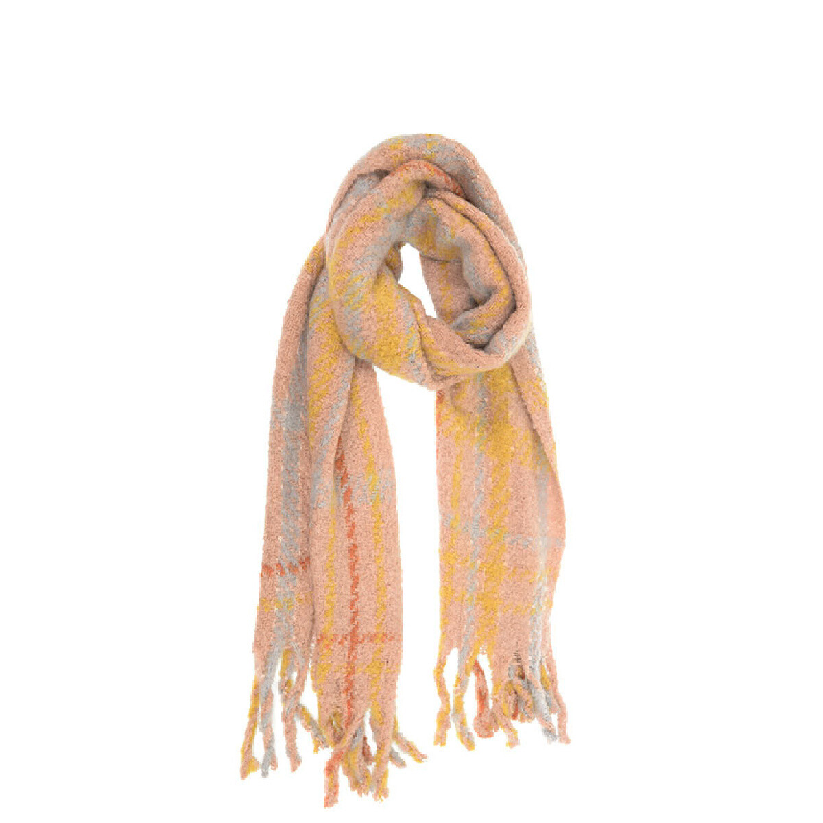 Joy Susan Spaced Plaid Fringe Scarf Pink