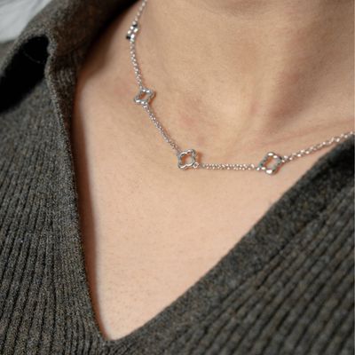 HOJ Sterling Silver Rhodium Plated Cutout Clover Necklace (N-1645-RH)