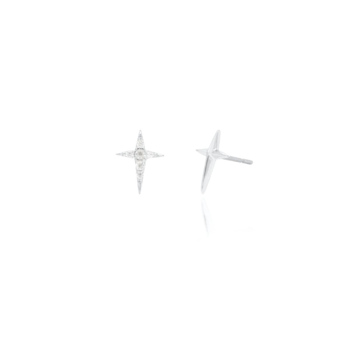 HOJ Sterling Silver Rhodium Plated CZ &amp; Plain 4 Pointed Star Studs (ST-1656-RH)