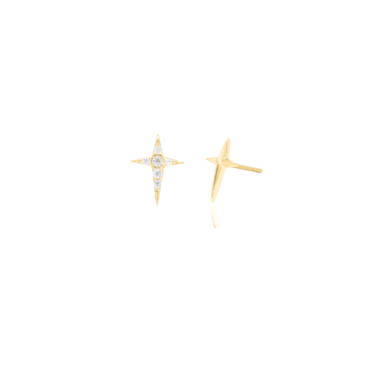 HOJ Sterling Silver Gold Vermeil CZ &amp; Plain 4 Pointed Star Studs (ST-1656-G)