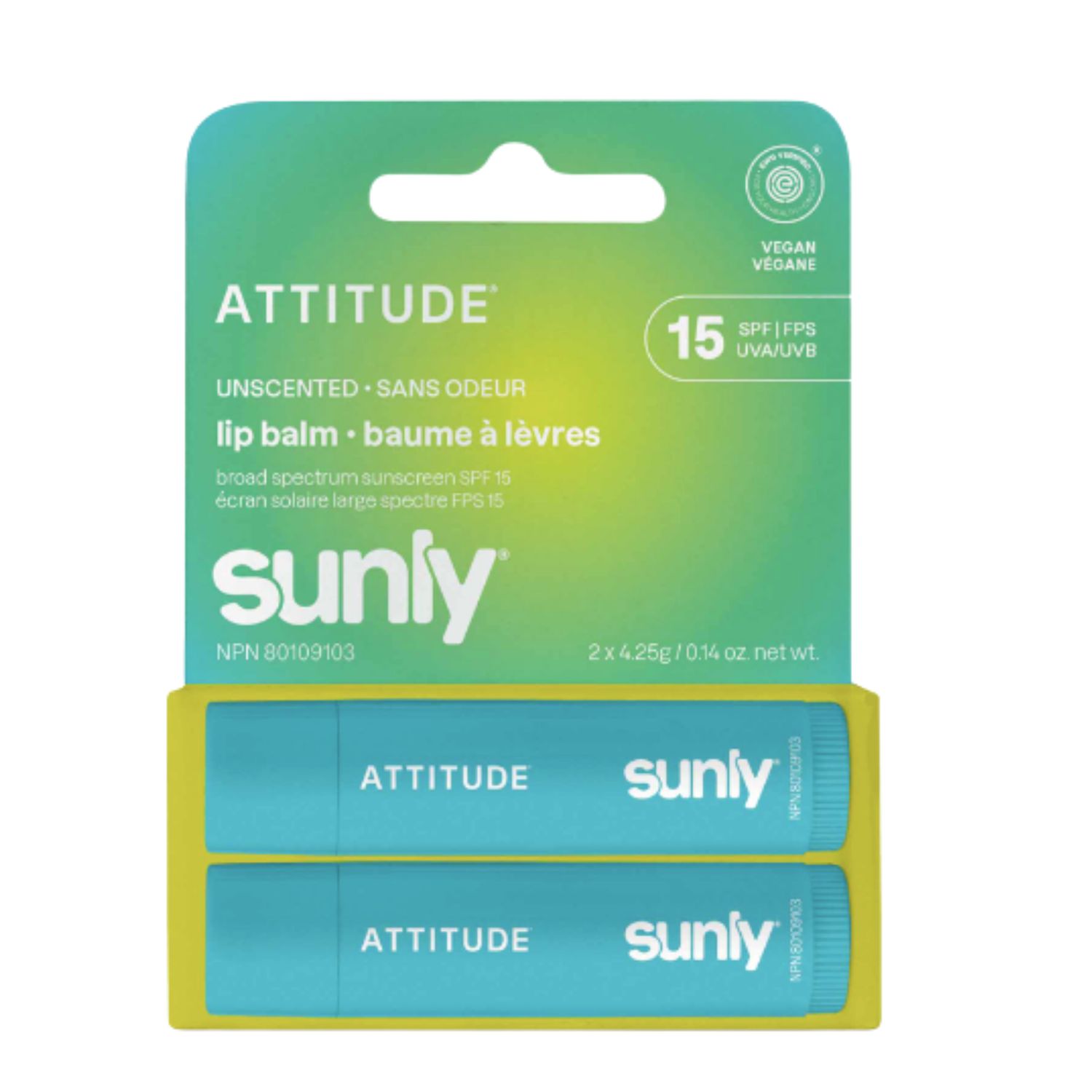 Attitude Sunly Lip Balm Duo SPF 15, Scent: Unscented