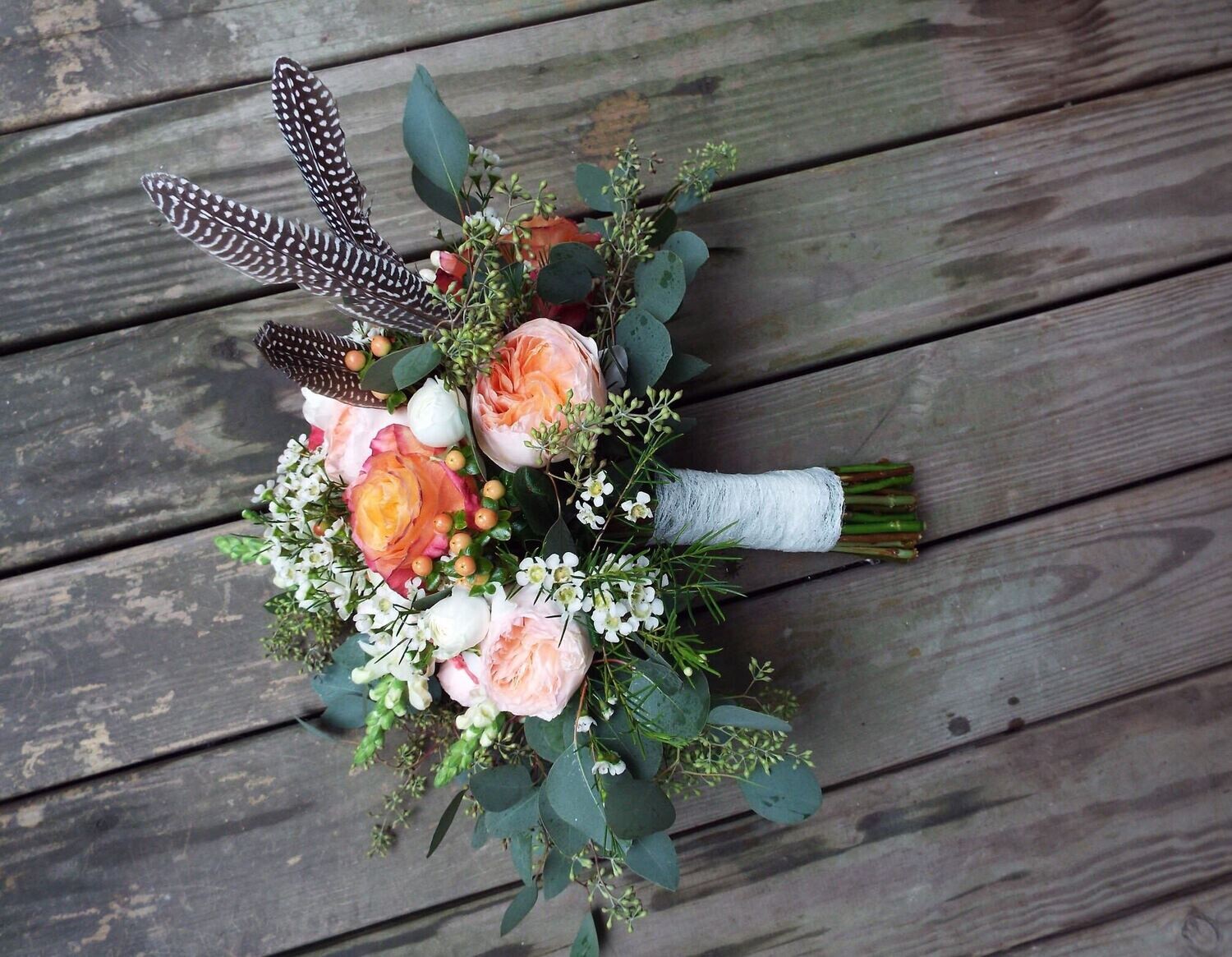 Peach Garden Roses Bridal Hand Tied Bouquet