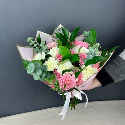 Wrapped Bouquet of Roses and Carnations