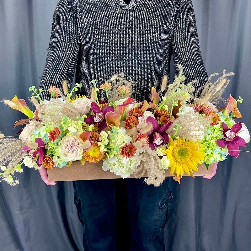 Wooden Centerpiece with Autumn Floral Mix