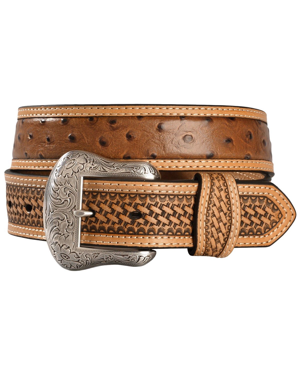 NOCONA MEN'S BASKETWEAVE OSTRICH PRINT LEATHER BELT - N24580153, Color: BROWN, Size: 34