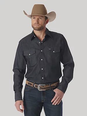 WRANGLER MEN'S PREM PERF ADV COMFORT COWBOY CUT LS SPREAD COLLAR SHIRT-MACW01D, Color: DENIM, Size: MED