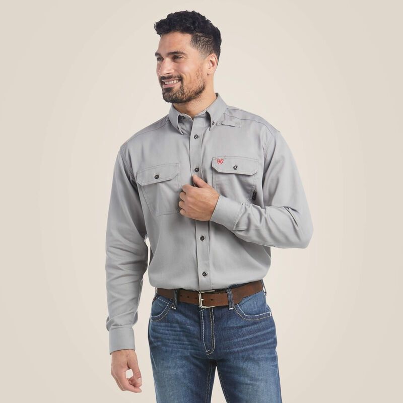 ARIAT MEN'S FR SOLID SNAP WORK LONG SLEEVE WORK SHIRT, Color: GRAY, Size: SM