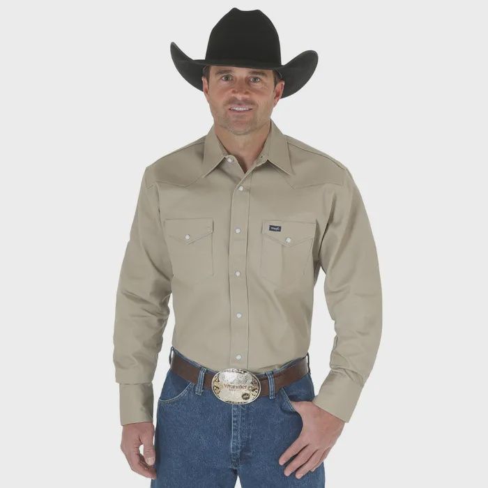 WRANGLER COWBOY CUT FIRM FINISH LONG SLEEVE WESTERN SNAP SOLID WORK SHIRT IN KHAKI, Color: KHAKI, Size: LG