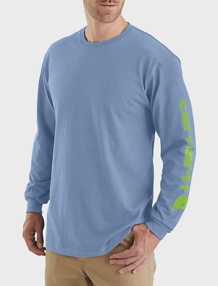 CARHARTT MEN'S  LOOSE FIT HEAVYWEIGHT LONG-SLEEVE LOGO SLEEVE GRAPHIC T-SHIRT, Color: CYAN, Size: SM