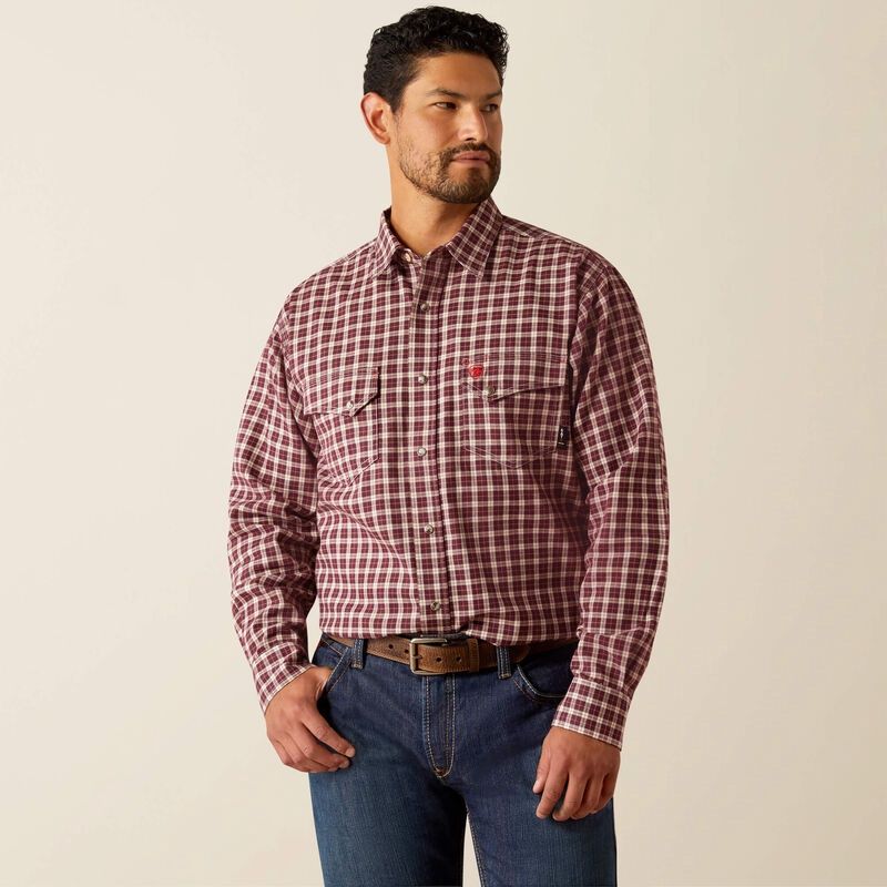 ARIAT MEN'S FR WINCH LONG SLEEVE WORK SHIRT-10054530, Color: BURGUNDY, Size: SM