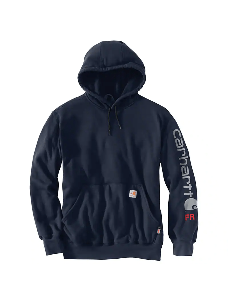 CARHARTT MENS FR FORCE LOOSE FIT MIDWEIGHT HOODED LOGO SWEATSHIRT | CARHARTT 104505, Color: NAVY, Size: SM
