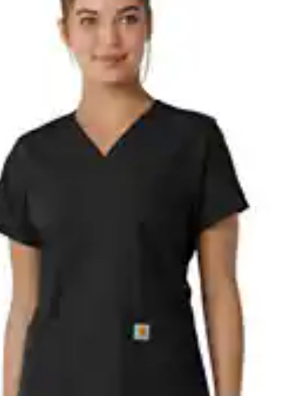 CARHARTT WOMEN'S FORCE VNECK SCRUB  TOP W/KNIT PANELS-C12313, Color: BLACK, Size: SM