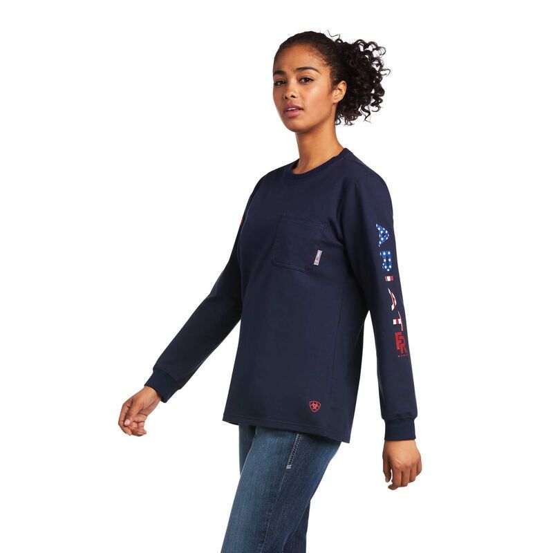 ARIAT WOMEN'S FR STRETCH LOGO L/S T-SHIRT | ARIAT 10039292, Color: NAVY, Size: 3XL