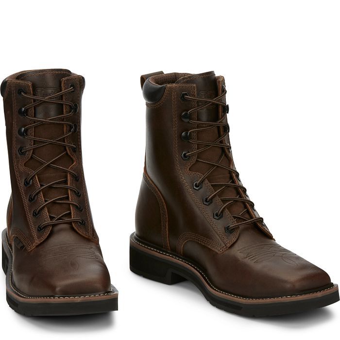JUSTIN MEN'S PULLEY 8" STEEL TOE WORK BOOT-SE682, Color: AGED BARK, Size: 11D