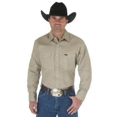 WRANGLER COWBOY CUT FIRM FINISH LONG SLEEVE WESTERN SNAP SOLID WORK SHIRT IN KHAKI