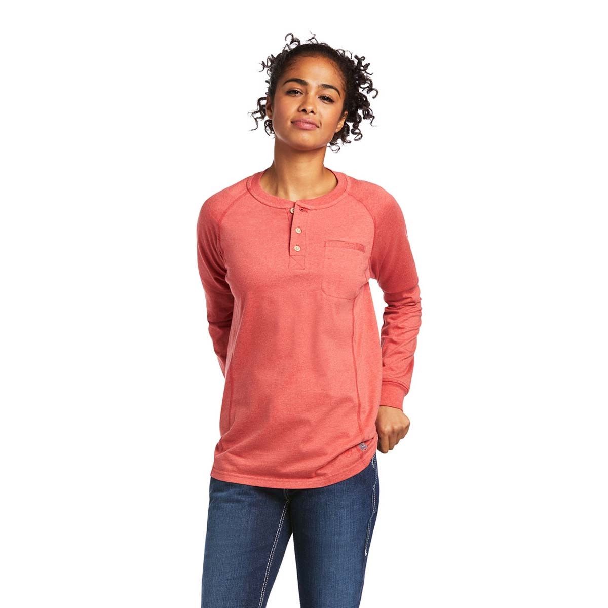 ARIAT WOMENS FR AIR HENLEY LONG SLEEVE TOP, Color: PINK, Size: SM