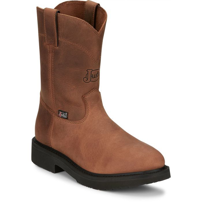 JUSTIN MEN'S  10-INCH PULL ON SOFT TOE BOOTS-4760, Color: DARK BROWN, Size: 8D