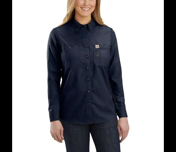 CARHARTT WOMEN'S FR FORCE RELAXED FIT LIGHTWEIGHT LONG-SLEEVE BUTTON-FRONT SHIRT 104147, Color: I26-NAVY, Size: XS