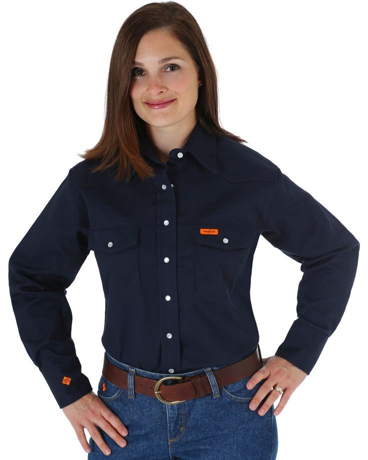 WRANGLER WOMENS FR LONG SLEEVE WORK SHIRT-FRLW03N, Color: NAVY, Size: LG