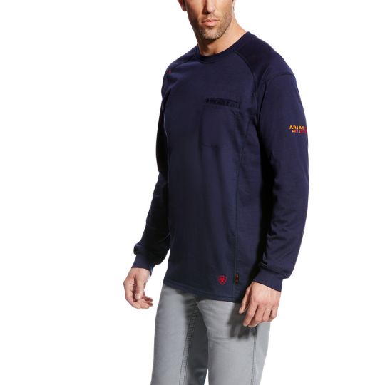 ARIAT MEN'S FR AIR CREW LONG SLEEVE T-SHIRT- 10022327, Color: NAVY, Size: LG-T