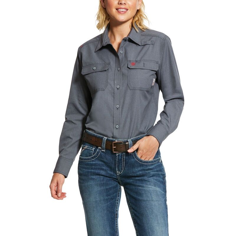 ARIAT WOMEN'S FEATHERLIGHT L/S WORK SHIRT BUTTON, Color: GREY, Size: 2XL