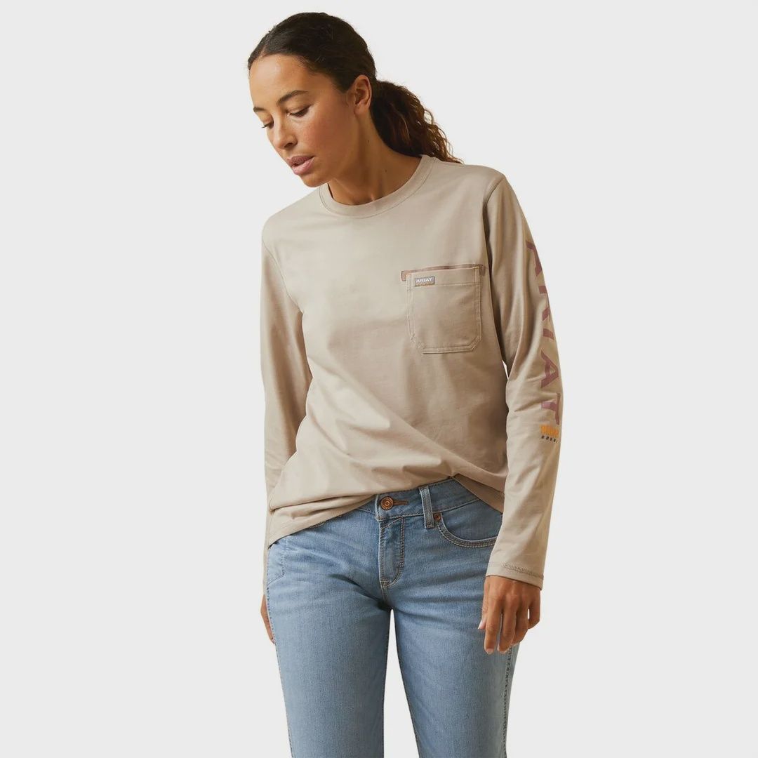 WOMEN'S ARIAT REBAR WORKMAN LOGO T-SHIRT 10046781, Color: TAN, Size: SM