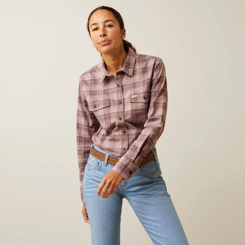ARIAT WOMEN'S REBAR FLANNEL DURASTRETCH L/S WORK SHIRT, Color: BROWN, Size: SM