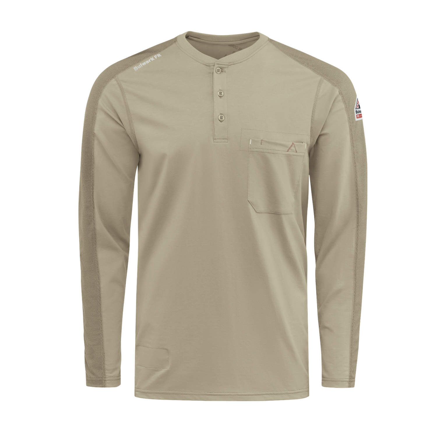 BULWARK MEN'S FR HENLEY LONG SLEEVE WORK SHIRT STL2, Color: KHAKI, Size: SM