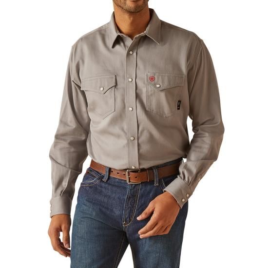 ARIAT MEN'S FR SOLID SNAP L/S WORK SHIRT-10048446, Color: GRAY, Size: LARGE