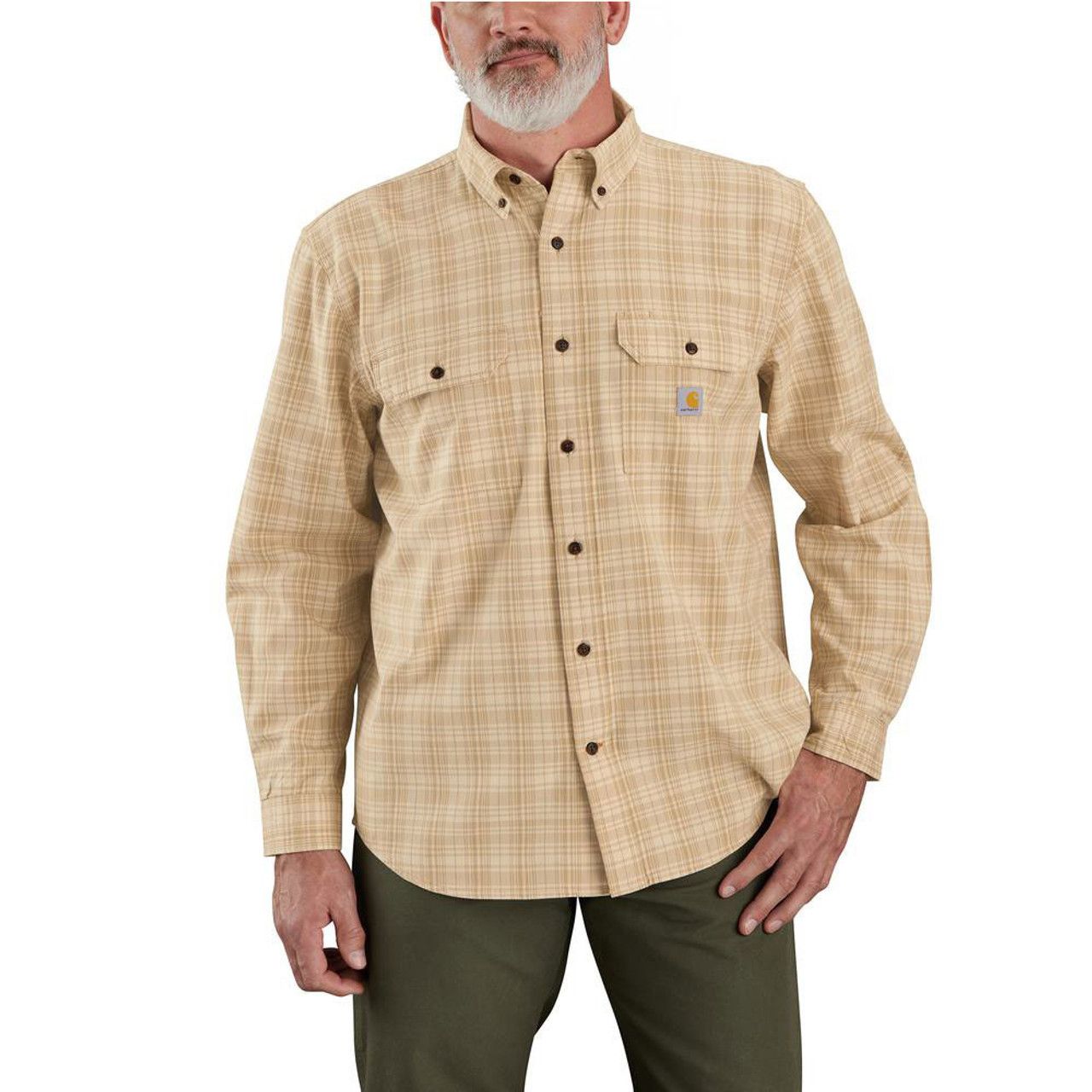 CARHARTT MEN'S LOOSE FIT MIDWEIGHT CHAMBRAY LS PLAID SHIRT, Color: KHAKI, Size: SM