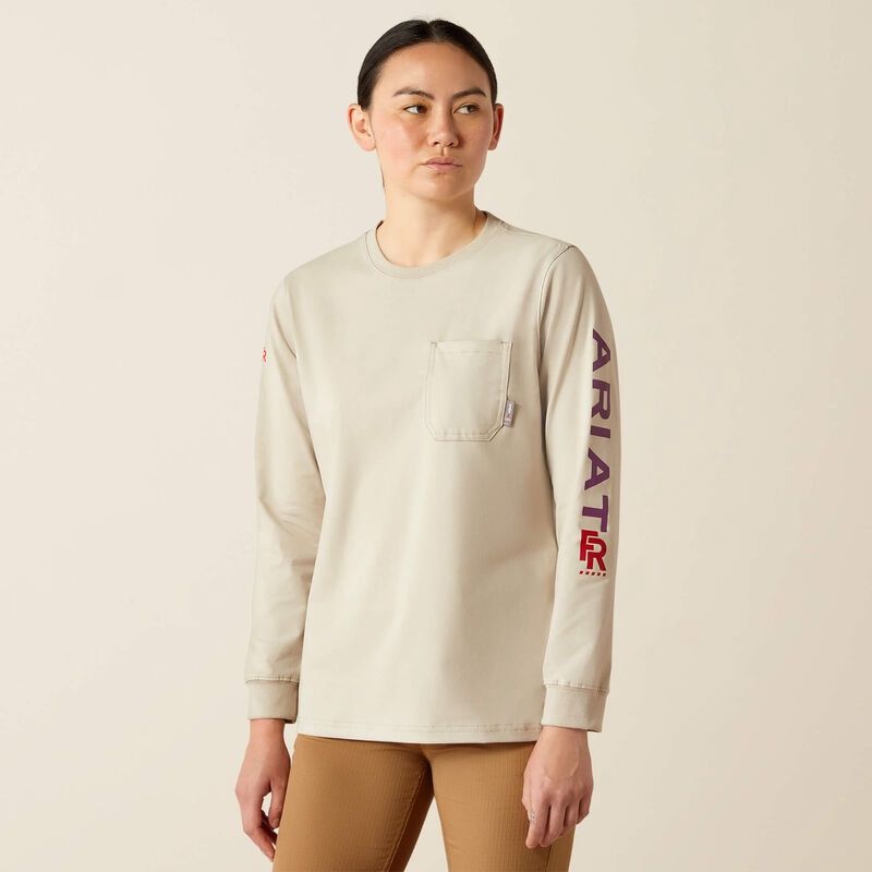 ARIAT WOMEN'S FR LOGO LONG SLEEVE T-SHIRT-10055191, Color: CREAM, Size: SM